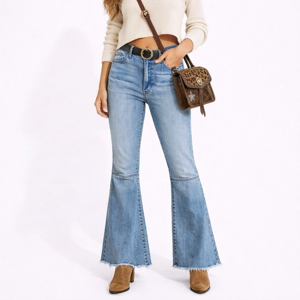J Brand‎ High Rise Flare Leg Jeans Blue Medium Wash Raw Hem Size 30 PF30015